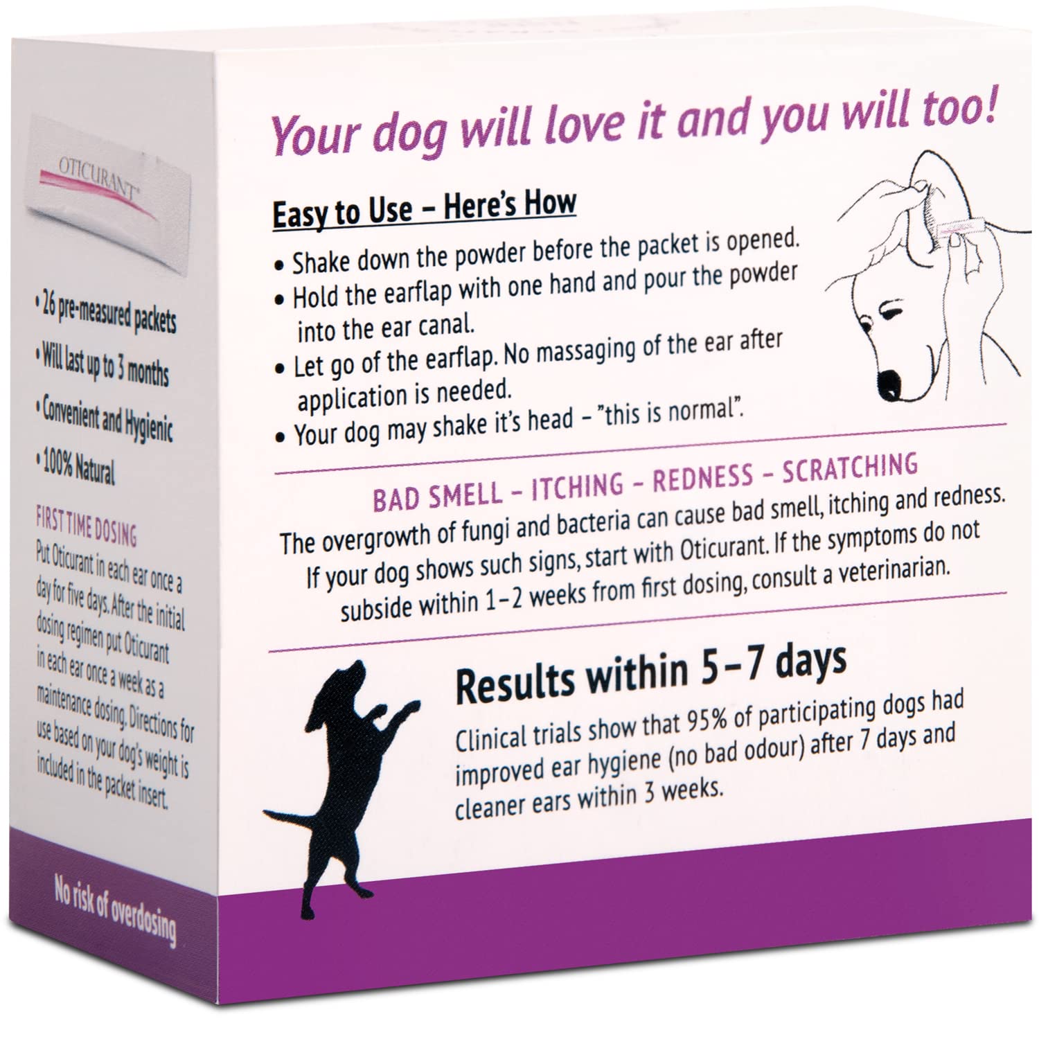 OTICURANT polvo para orejas, aplicación suave y rápida en perros.