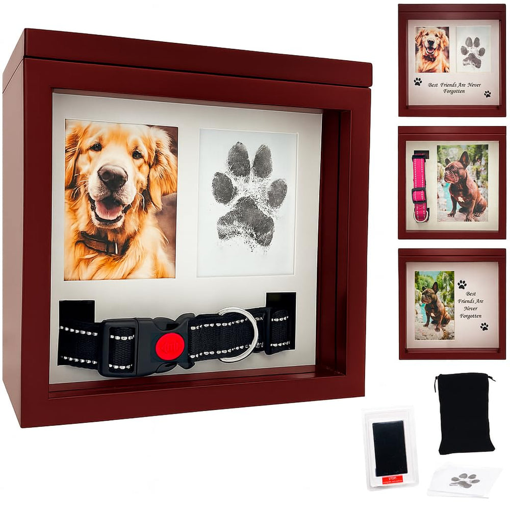 Urna OtterPets para cenizas de perro con cuatro diseños de exhibición personalizables.