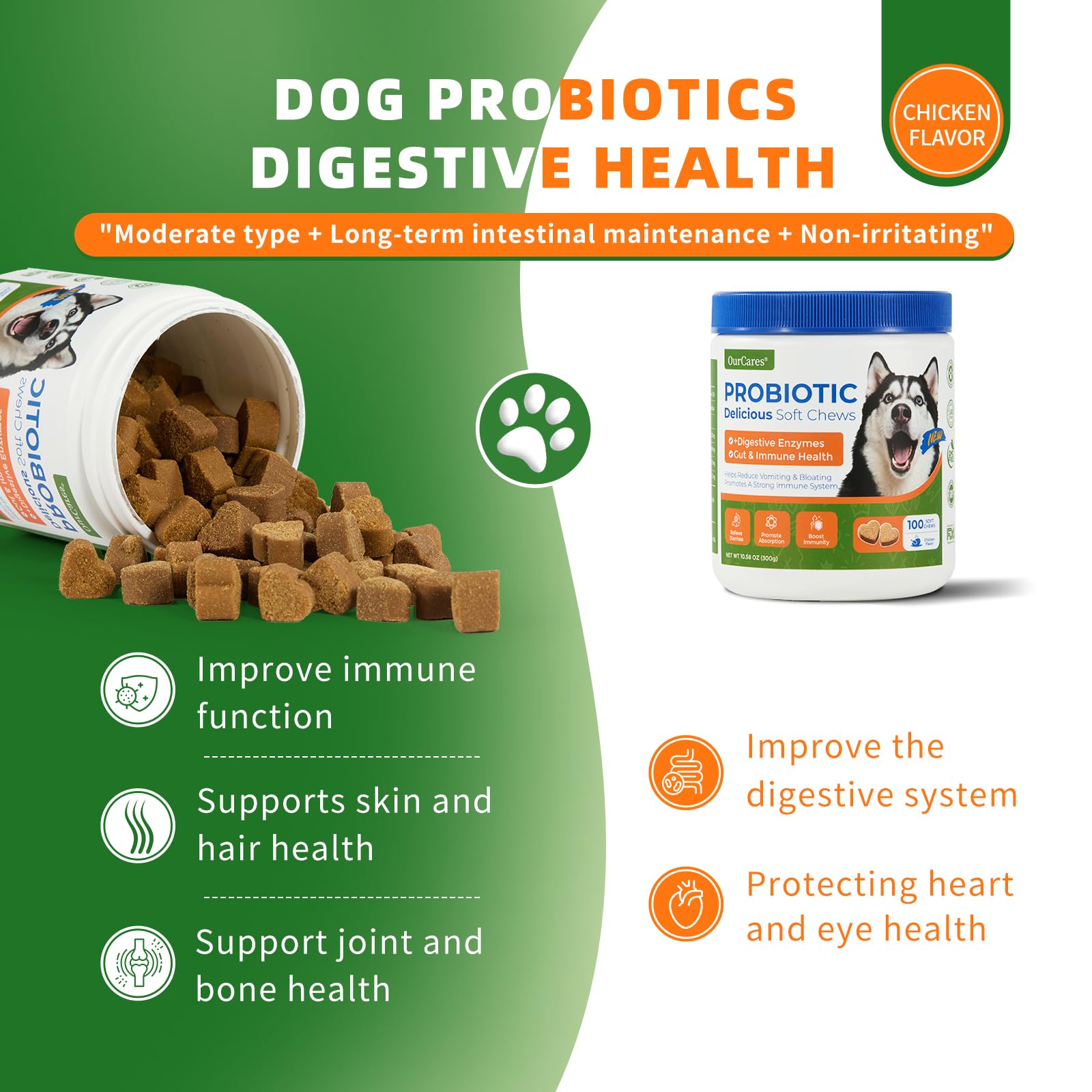 OurCares masticables para perros, estomago sensible, apoyo digestivo suave.