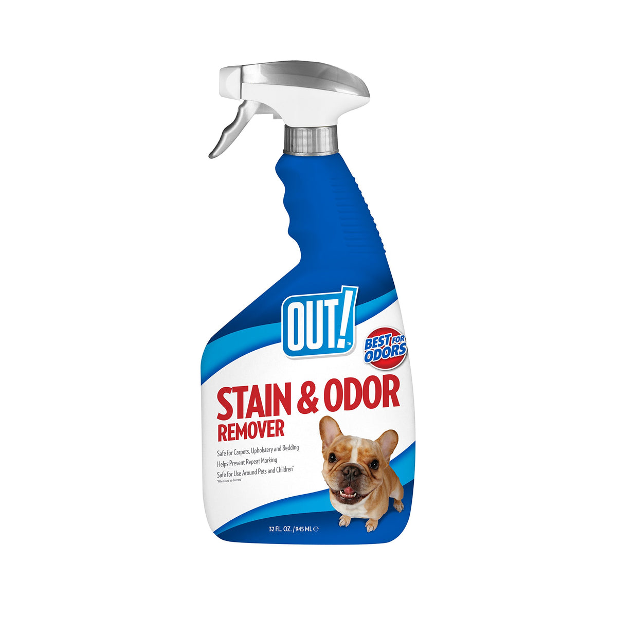 OUT! eliminador de manchas y olores para mascotas en botella, ideal para alfombras.