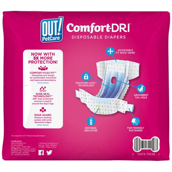 Out! PetCare Pañales para perro femenino talla media 18-25 pulgadas para ajuste adecuado.