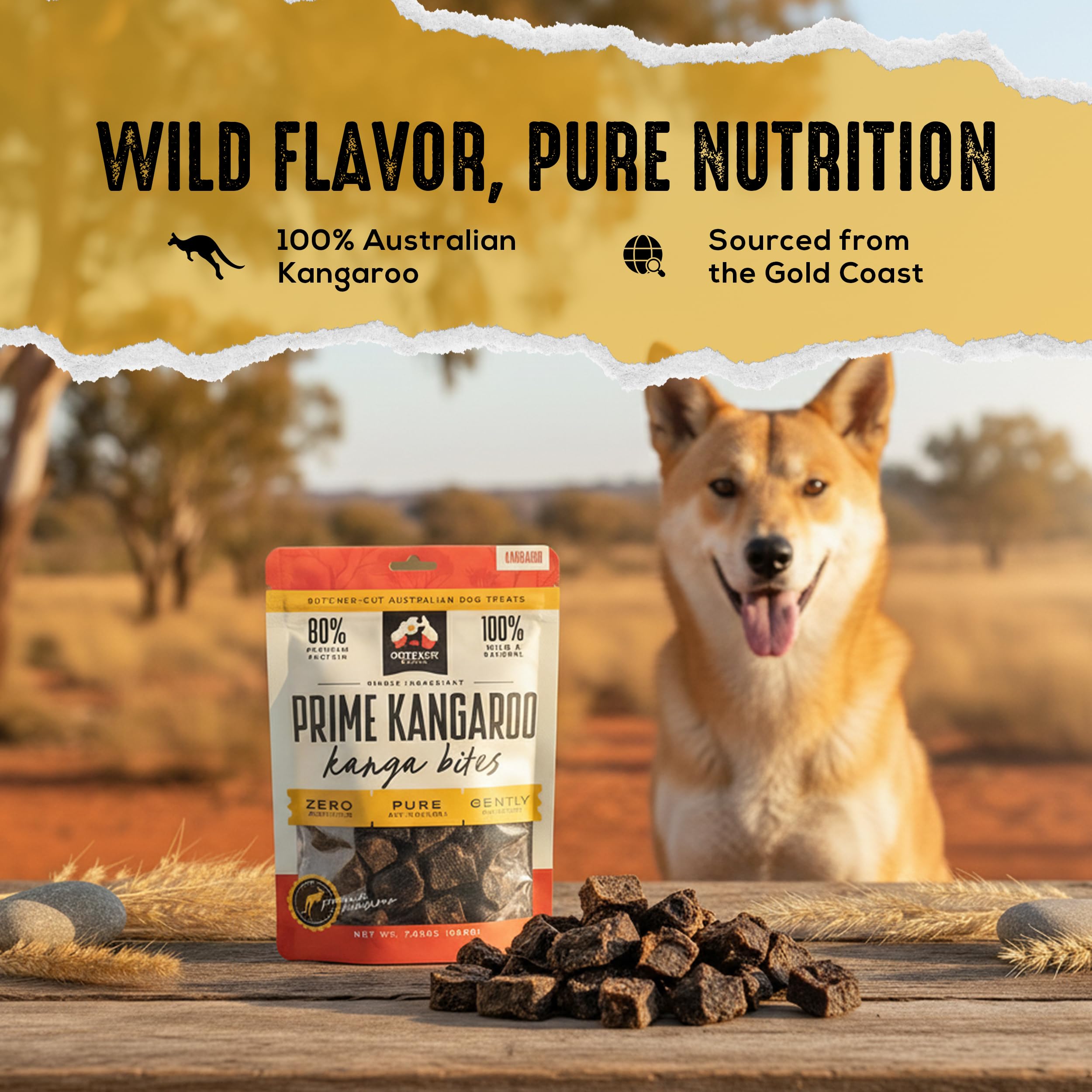 Outback Bones Kanga Bites, textura masticable, compatible con estómagos sensibles.