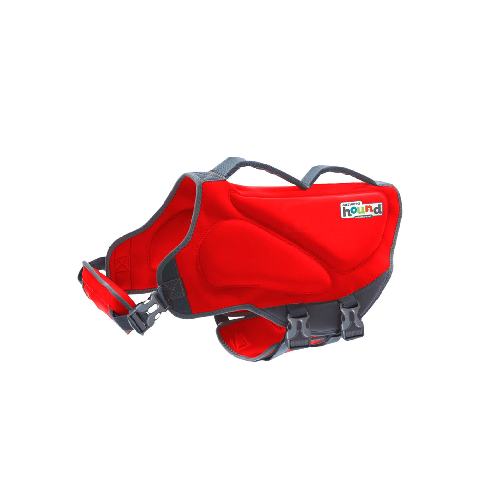 Outward Hound Dawson chaleco salvavidas para perro rojo, frontal, flotación estable para nadar con seguridad.