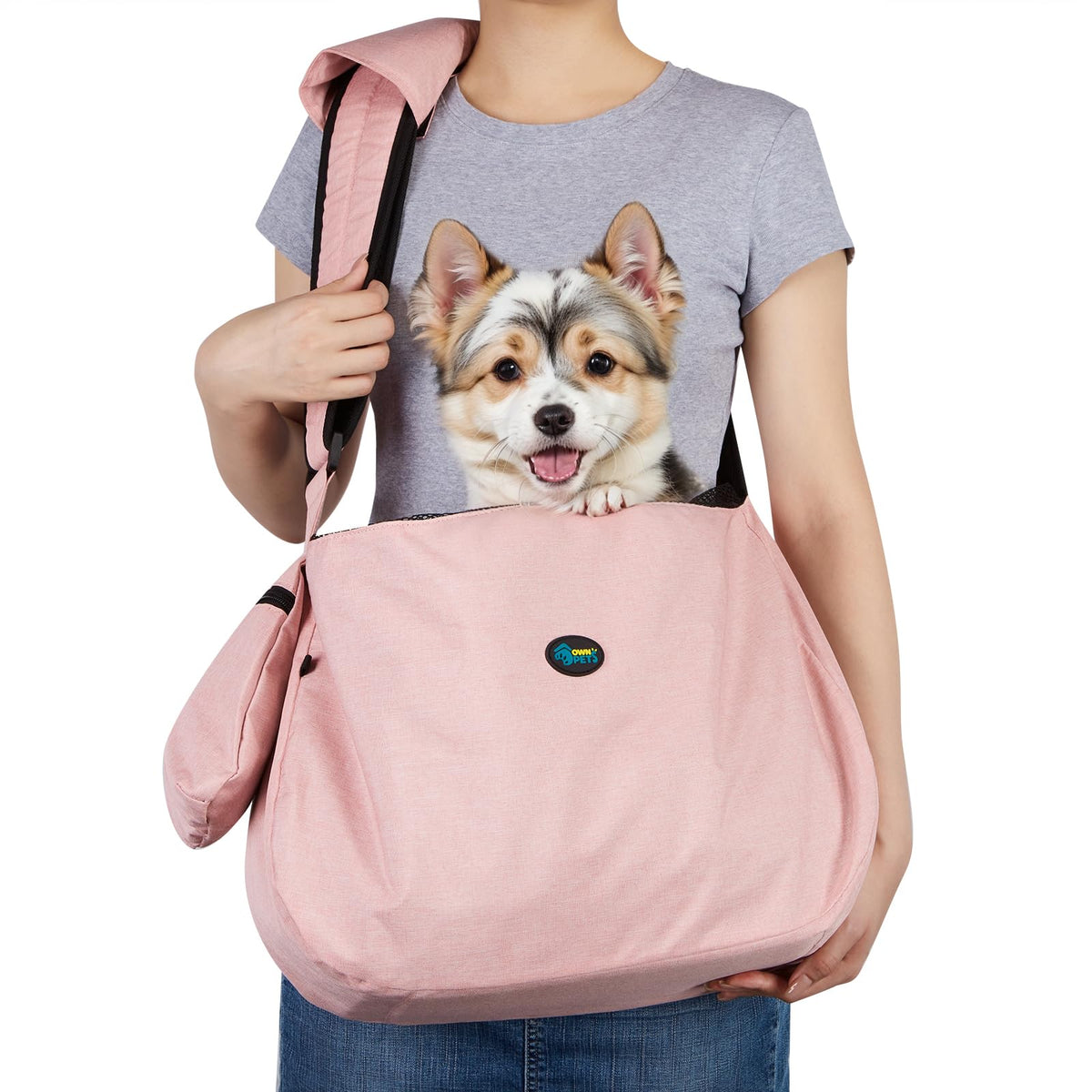 Ownpets bolsa bandolera para perro rosado, vista frontal, cómoda para paseos sin manos.