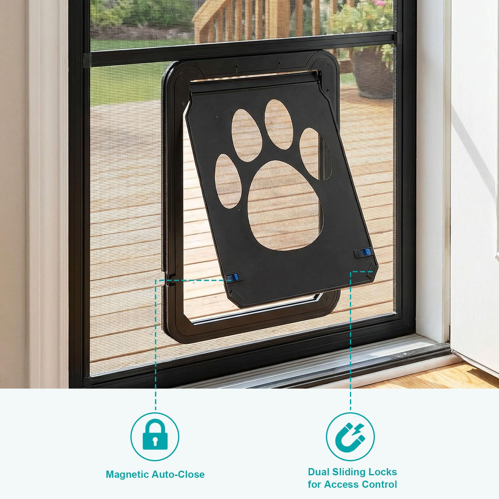 Ownpets puerta malla diseño con patitas, toque lúdico en hogar.