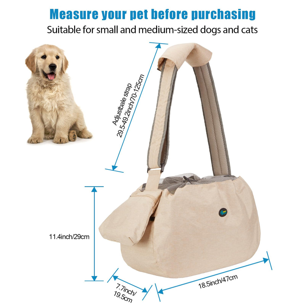 Ownpets sling beige; gancho de seguridad para evitar que el animal salte.