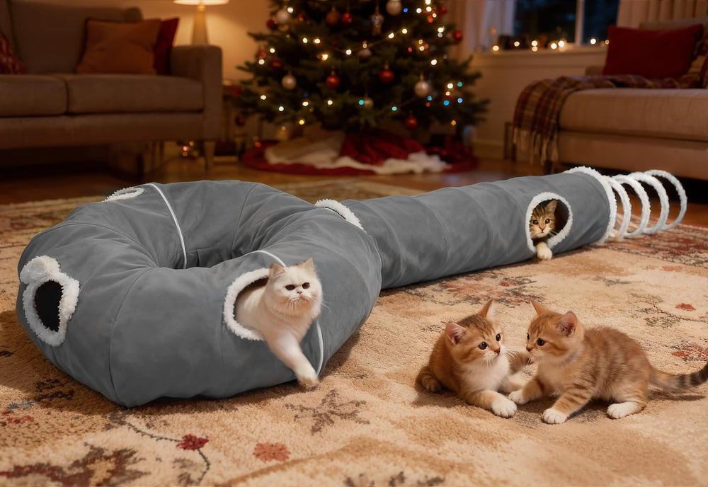 Ownpets tunel gato con bolas de peluche gris, textura suave para descansar.