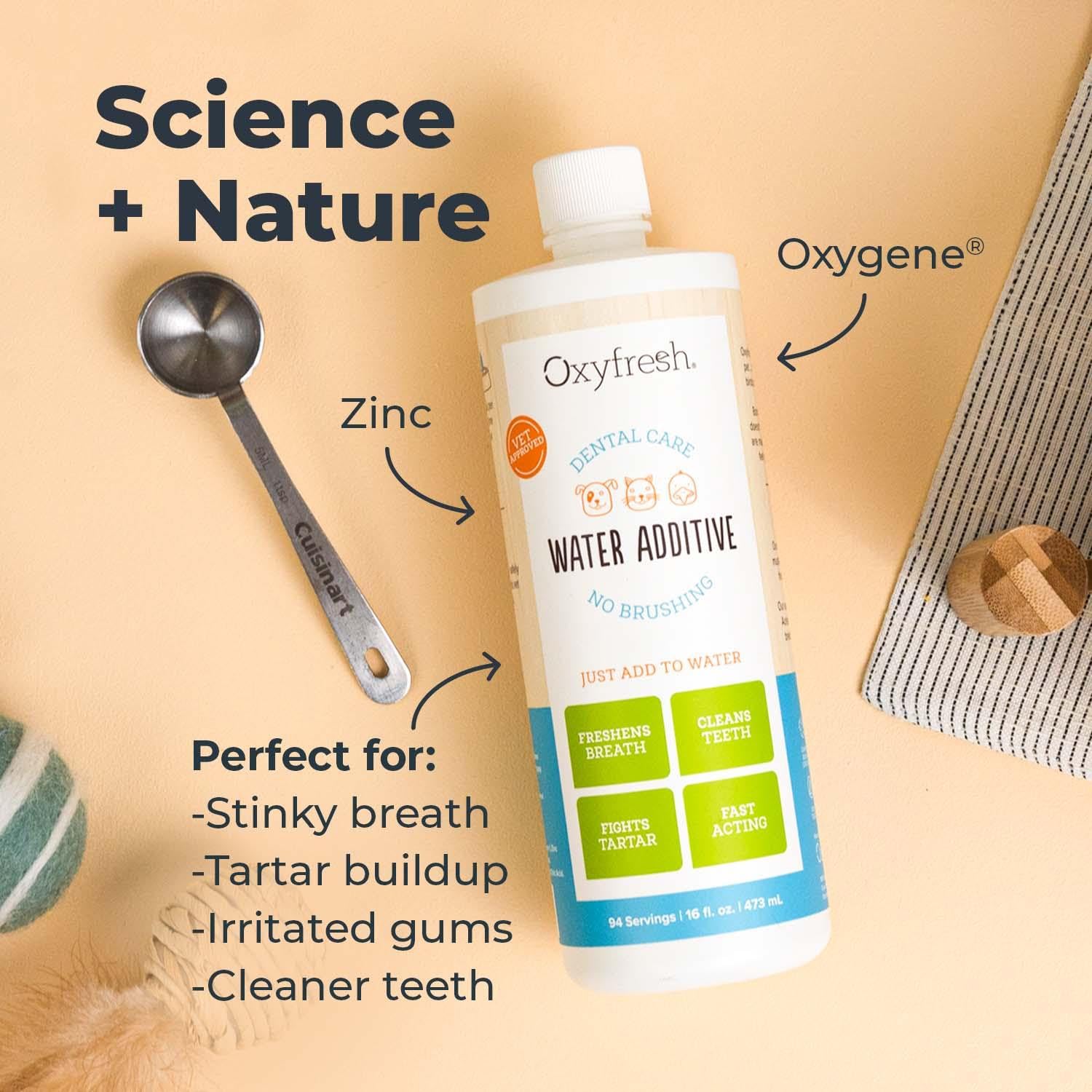 Oxyfresh sin olor ni sabor: aceptado por perros y gatos sensibles.