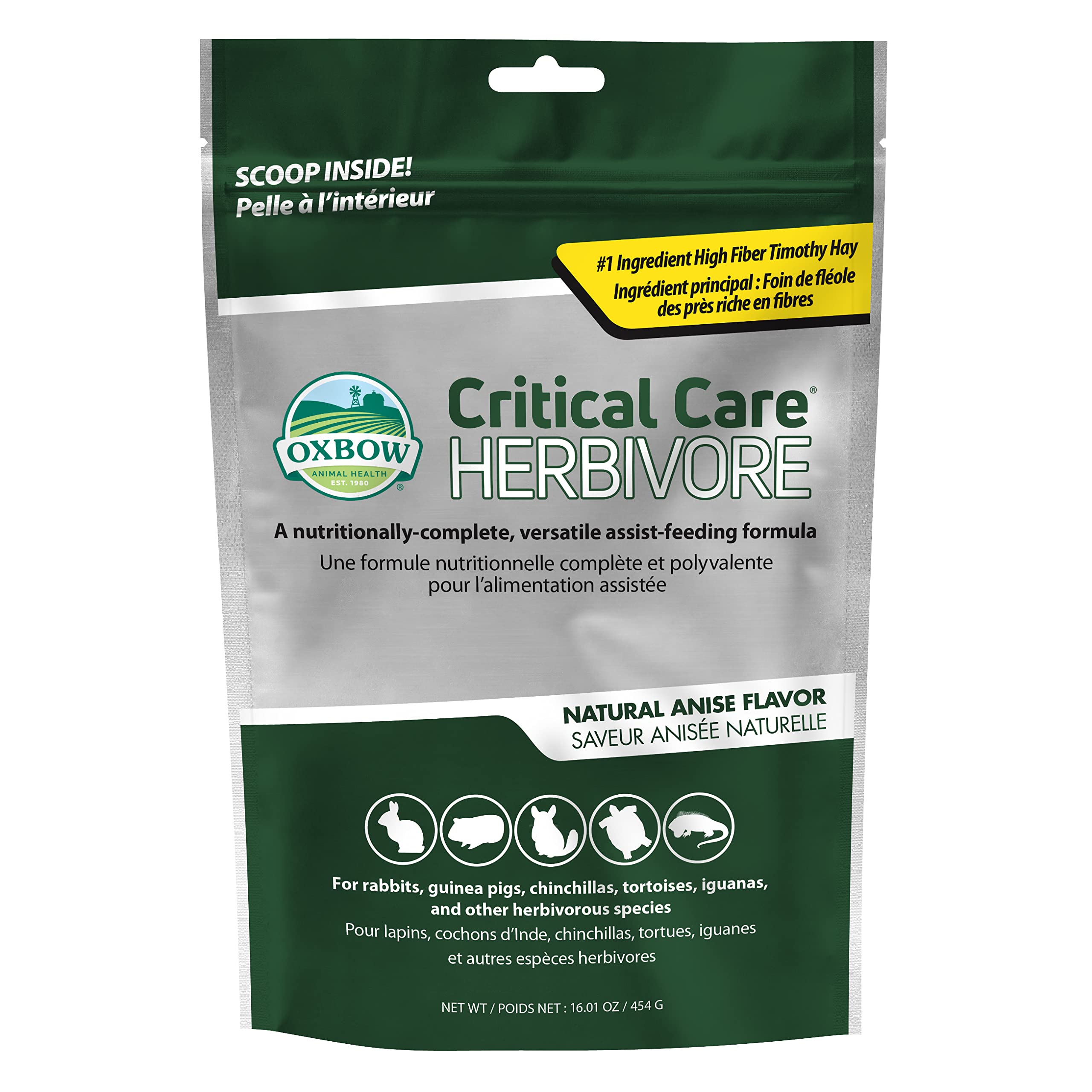 Oxbow Critical Care Herbivore, polvo de mezcla para nutrición de emergencia en casa.