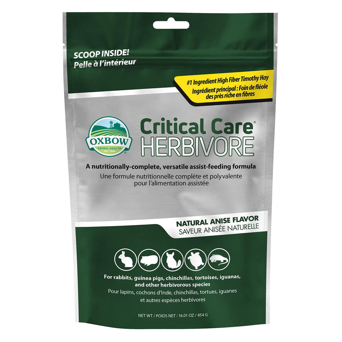 Oxbow Critical Care Herbivore, polvo de mezcla para nutrición de emergencia en casa.