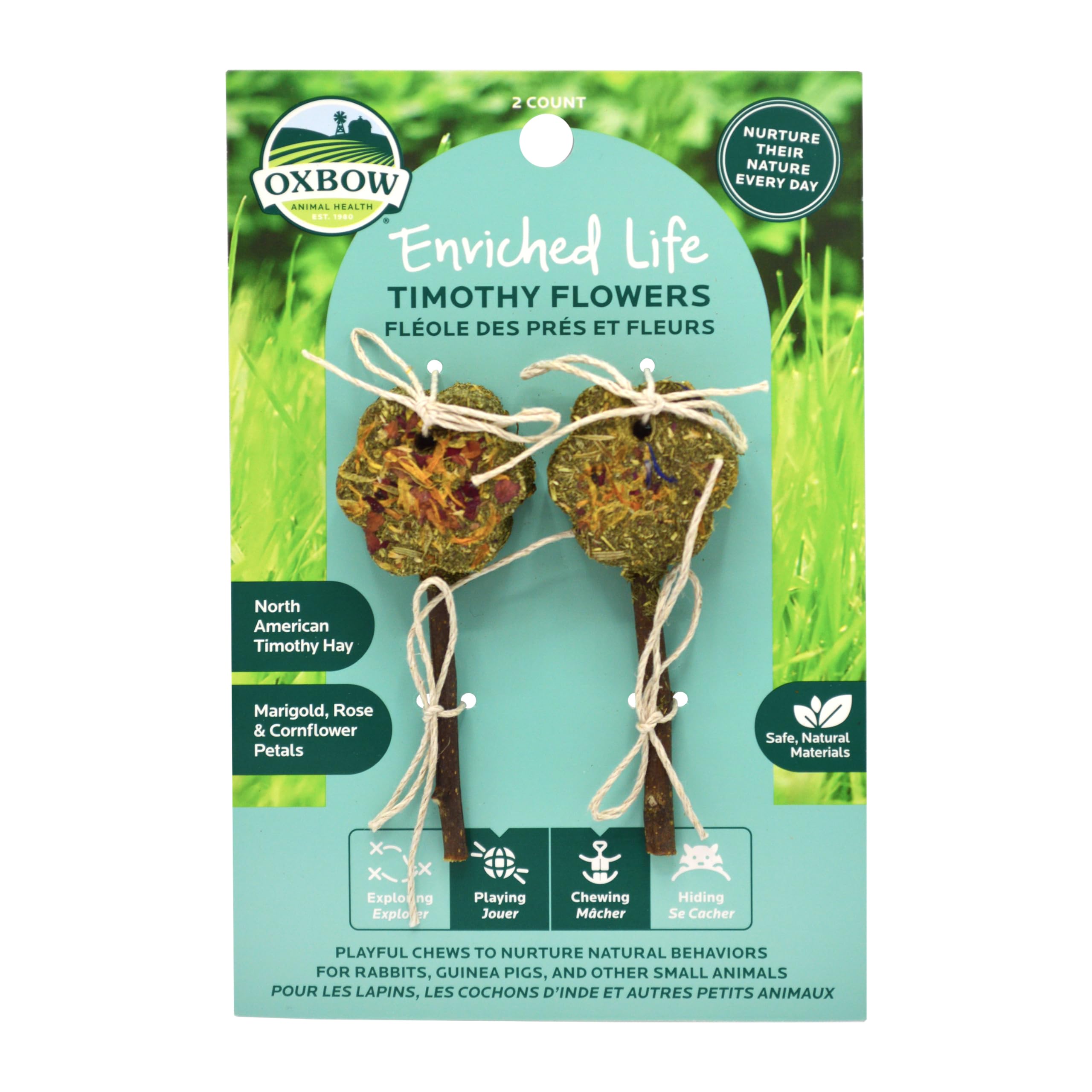 Oxbow Enriched Life Timothy Flowers, flor de heno para masticar y enriquimiento ambiental.