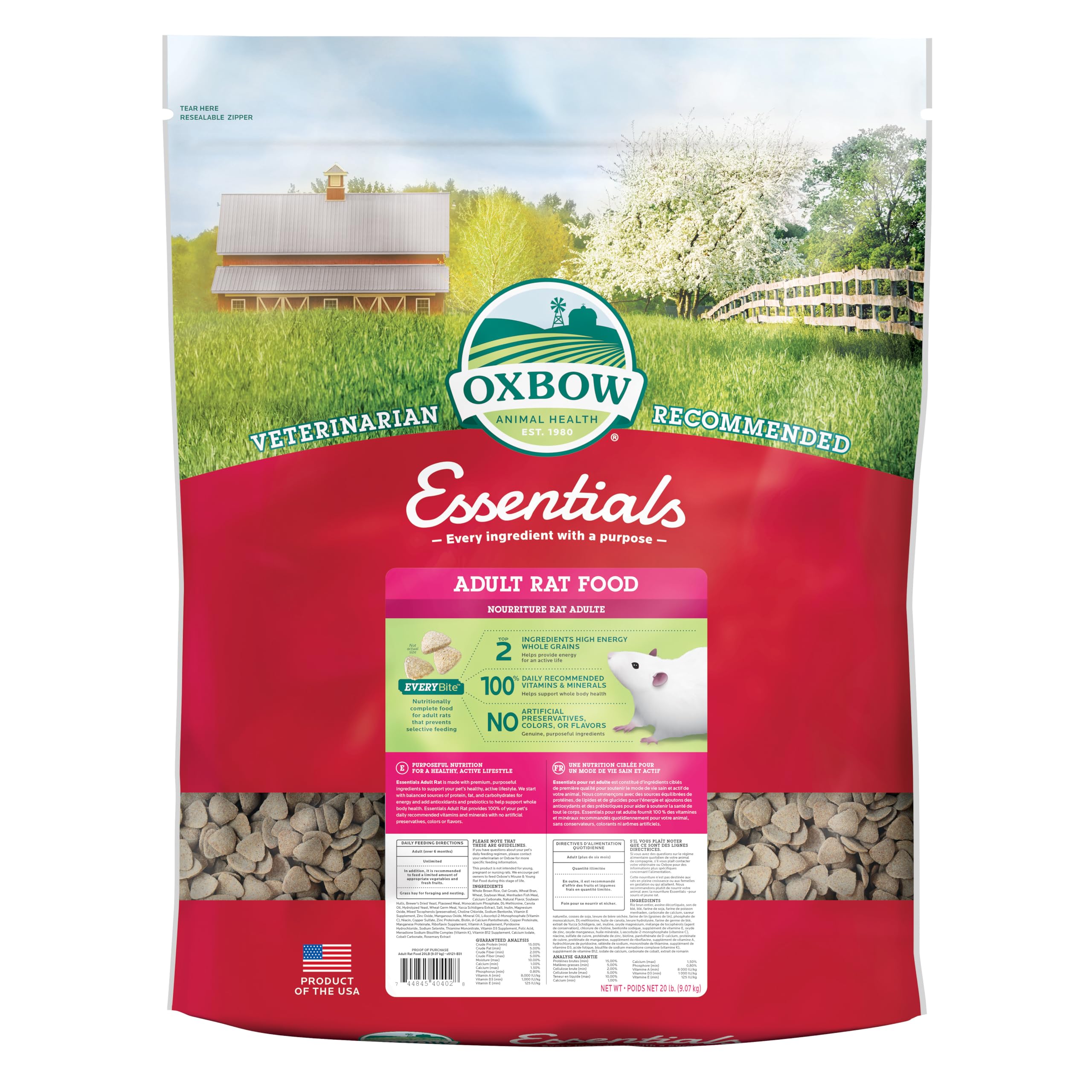 Oxbow Essentials para rata adulta en bol de comida, nutrición diaria.