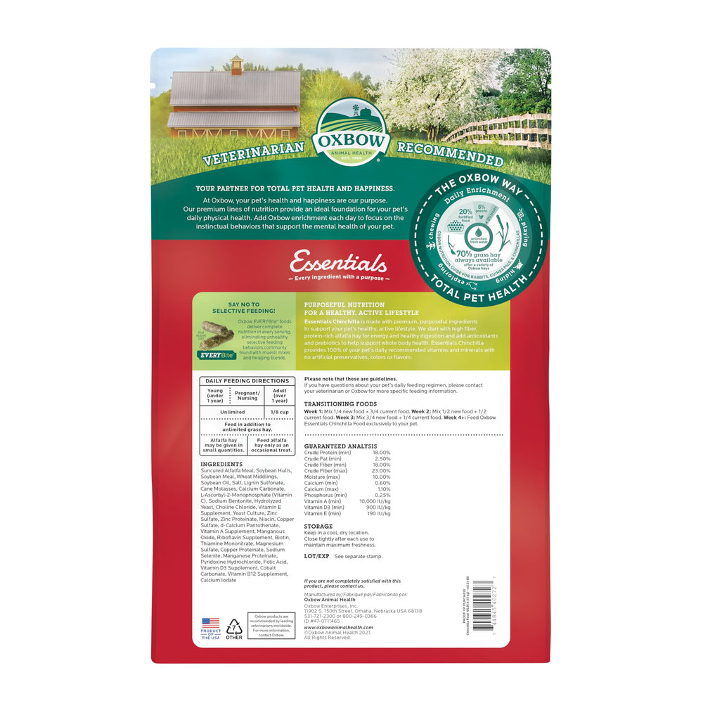 Oxbow Essentials Chinchilla con alfalfa premium para digestión saludable.