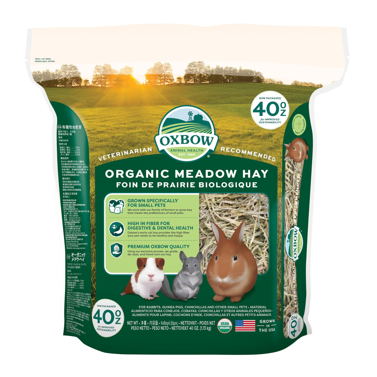Oxbow Heno Meadow Orgánico en bolsa de 40 oz para alimentación diaria.