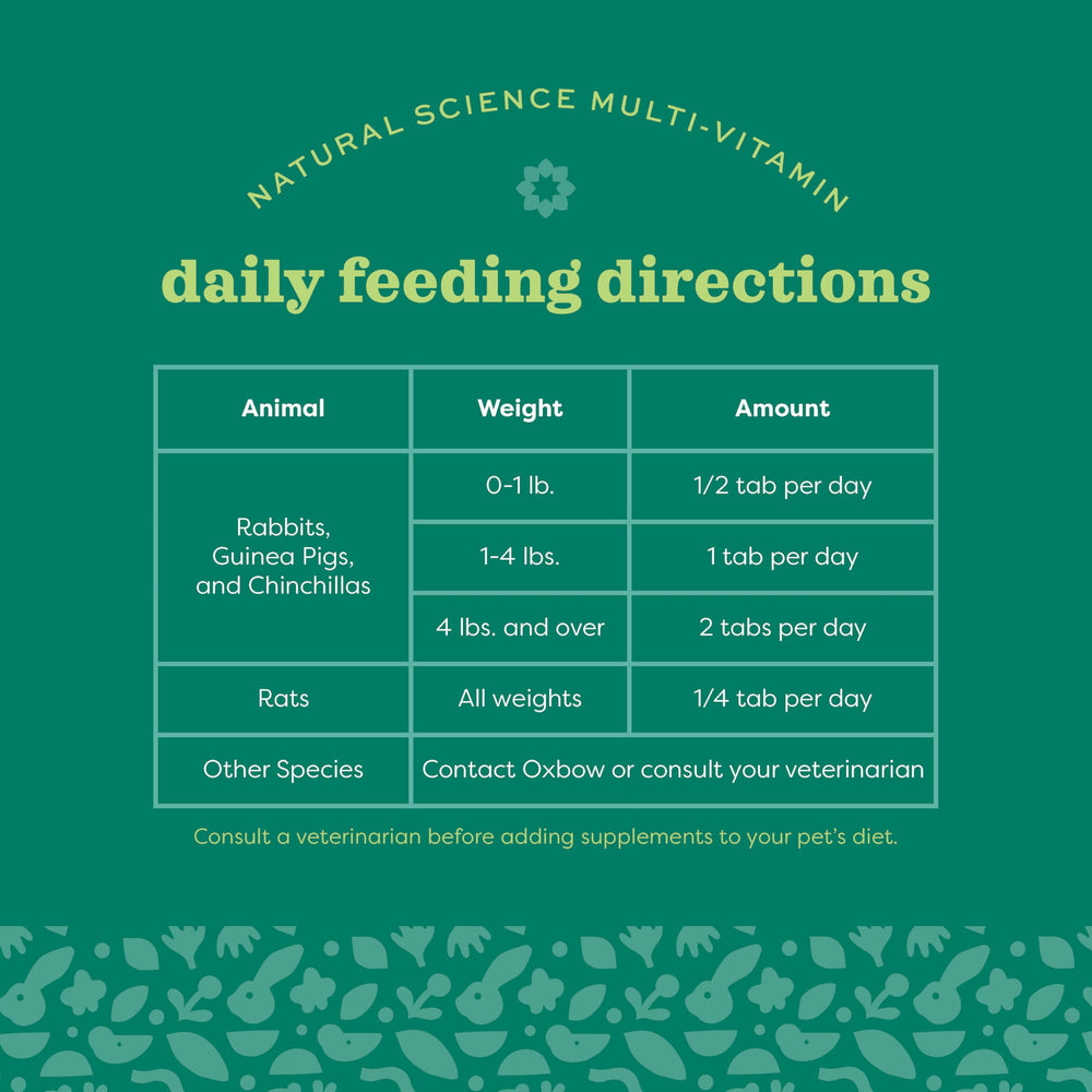 Oxbow Natural Science multivitaminico dosis diaria por peso para roedores.