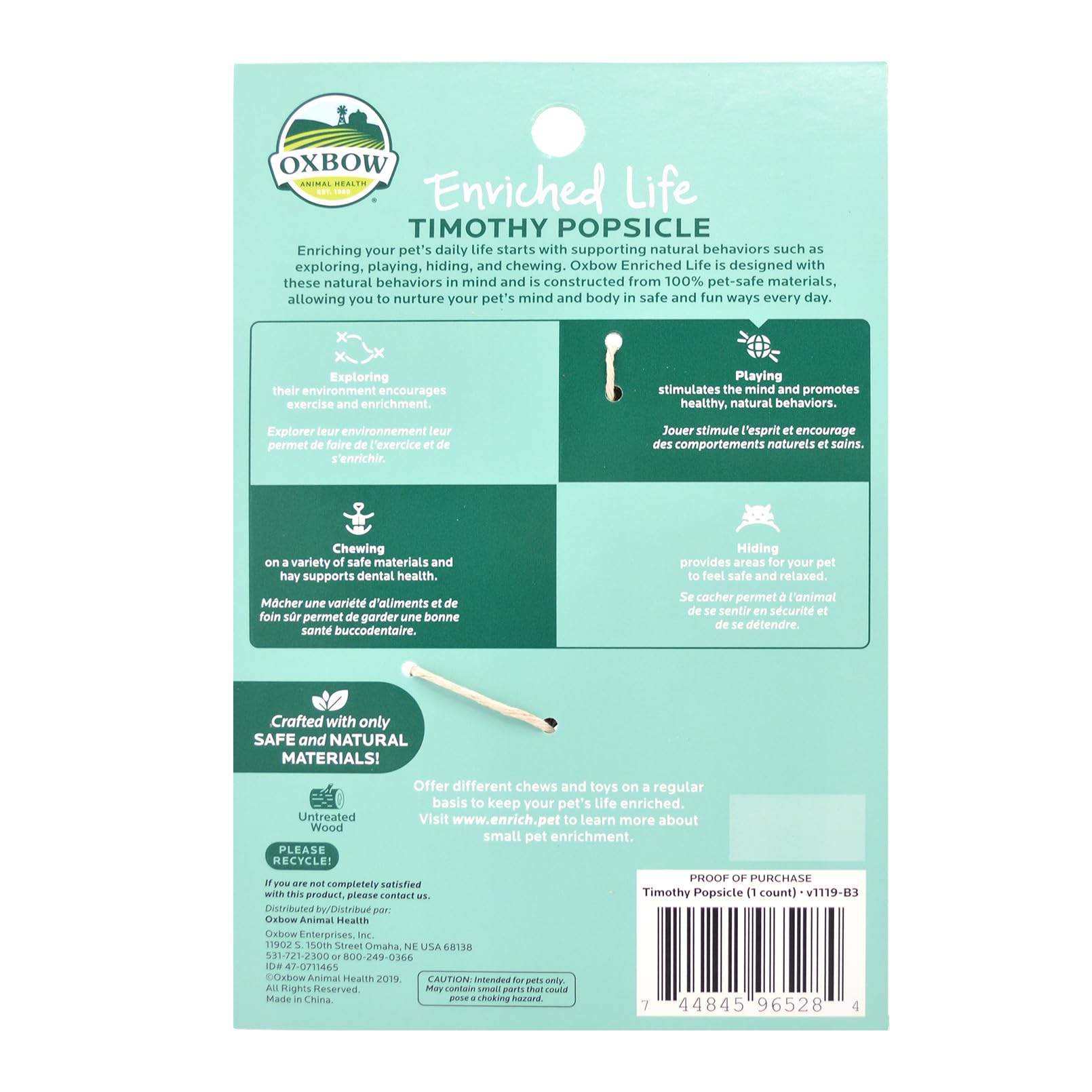 Oxbow Timothy Popsicle para cobayas, fomenta juego y exploración seguros.