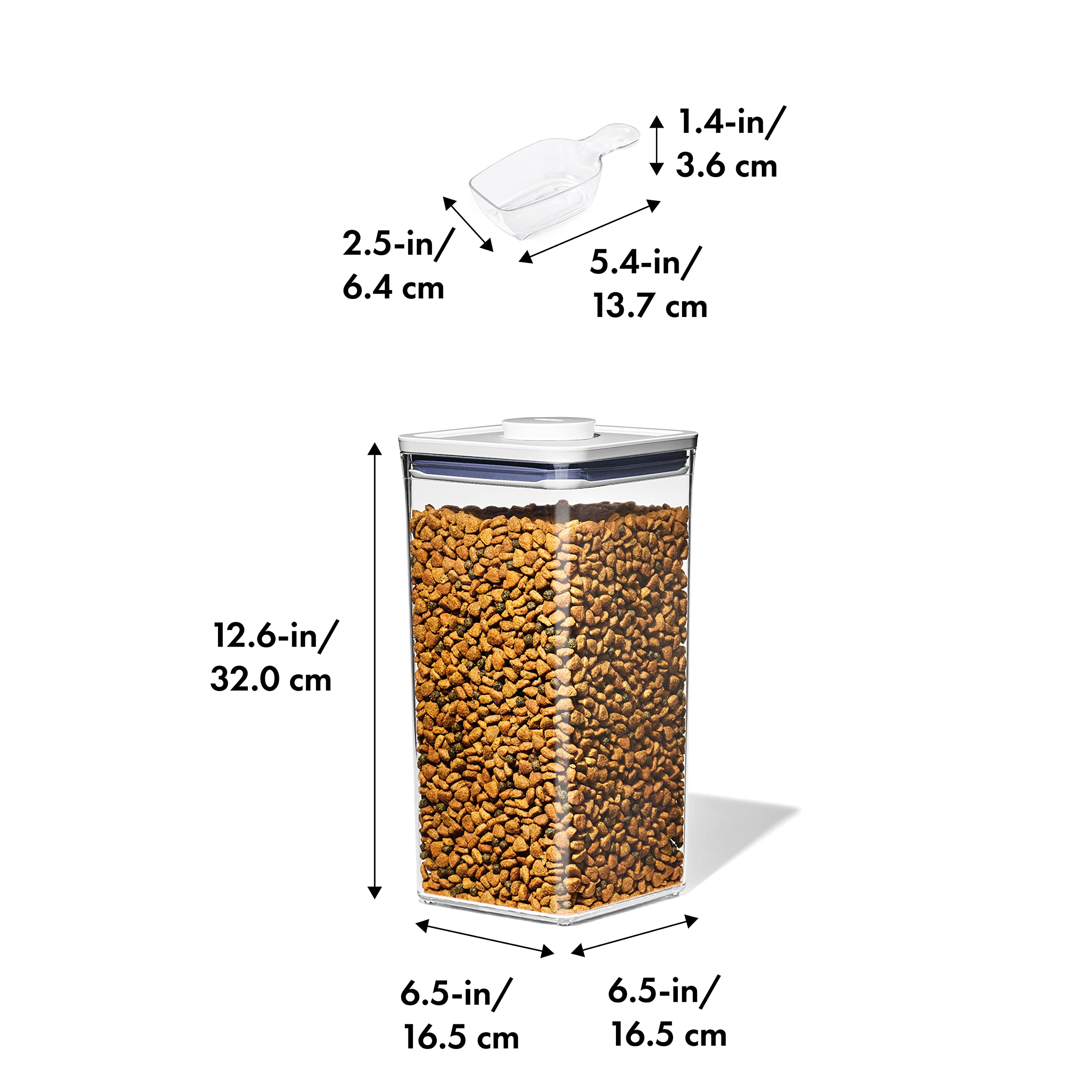 Tapa hermetica de OXO Pet Pop mantiene frescura y evita olores.