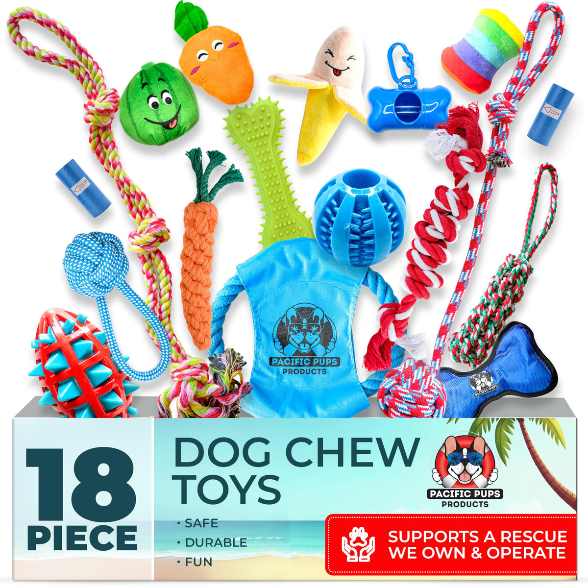 Pacific Pups 18 piezas: variedad de juguetes para perros, ideal para mantenerlo ocupado