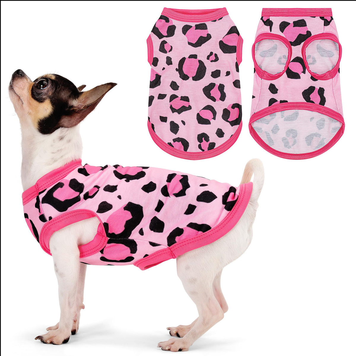 Paiaite: camiseta para perro leopardo rosa, vista frontal para paseos con estilo.