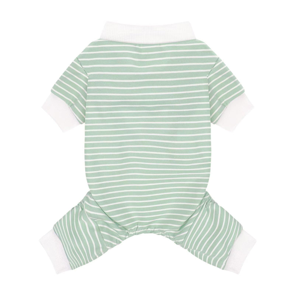 Paiaite Pijama para perro con rayas verdes, frente, cómodo para descanso diario