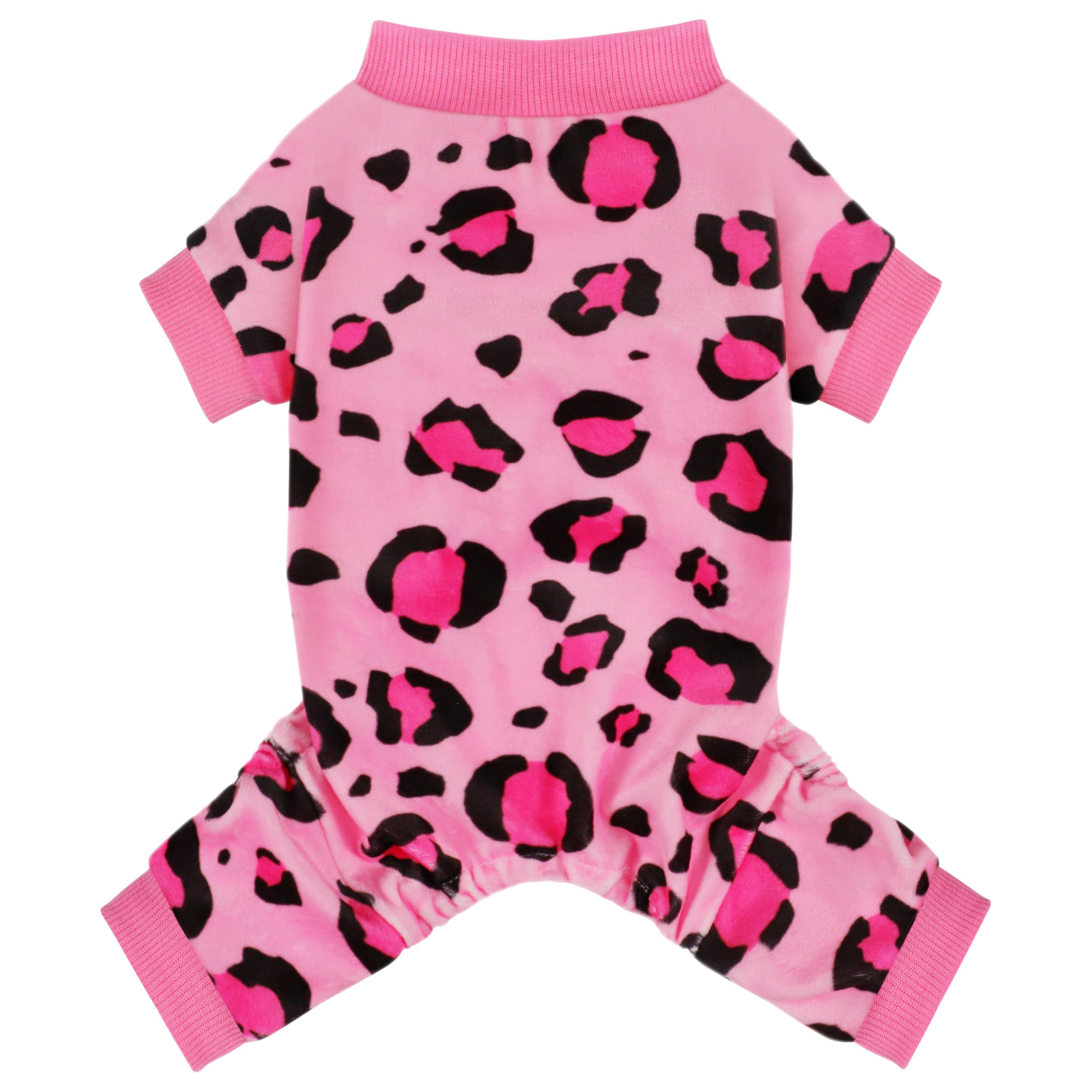 Pijama Paiaite para perro con ajuste universal y patrón rosa leopardo.