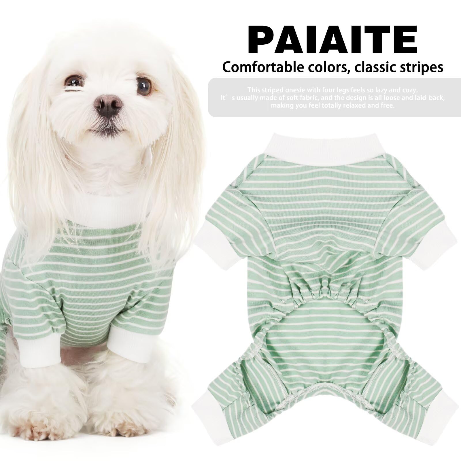 Paiaite pijamas para perro con rayas verdes, vista lateral, libertad de movimiento