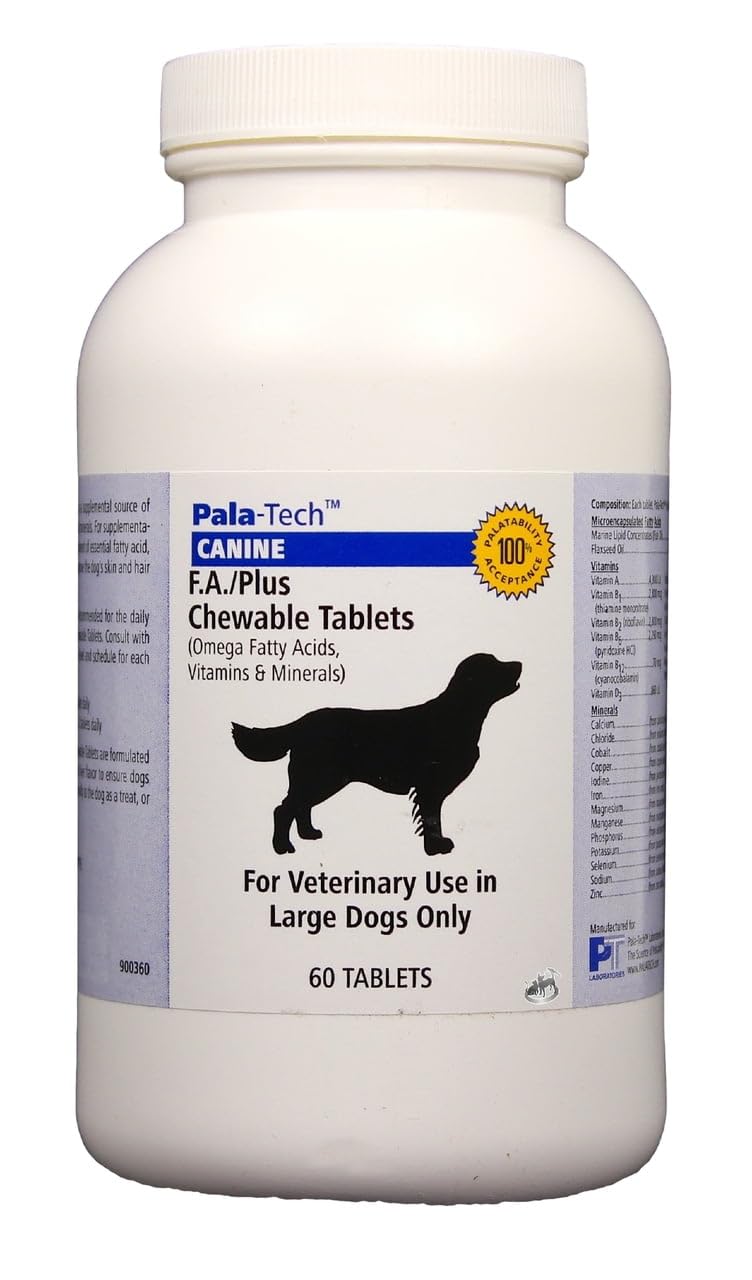 Pala-Tech FA Plus tabletas masticables, botella, piel sana y pelaje brillante.