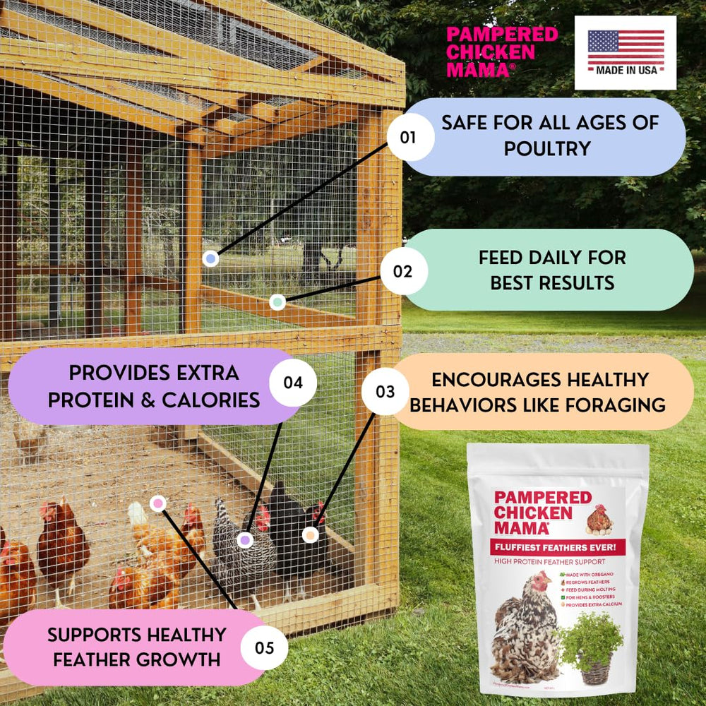 Pampered Chicken Mama ingredientes naturales, fórmula con hierbas beneficiosas para aves felices.