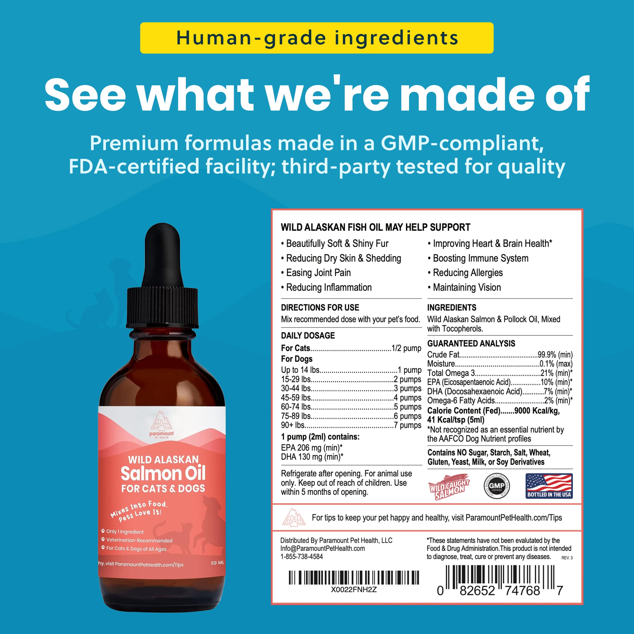 Etiqueta de Paramount Pet Health destacando pureza y sin rellenos
