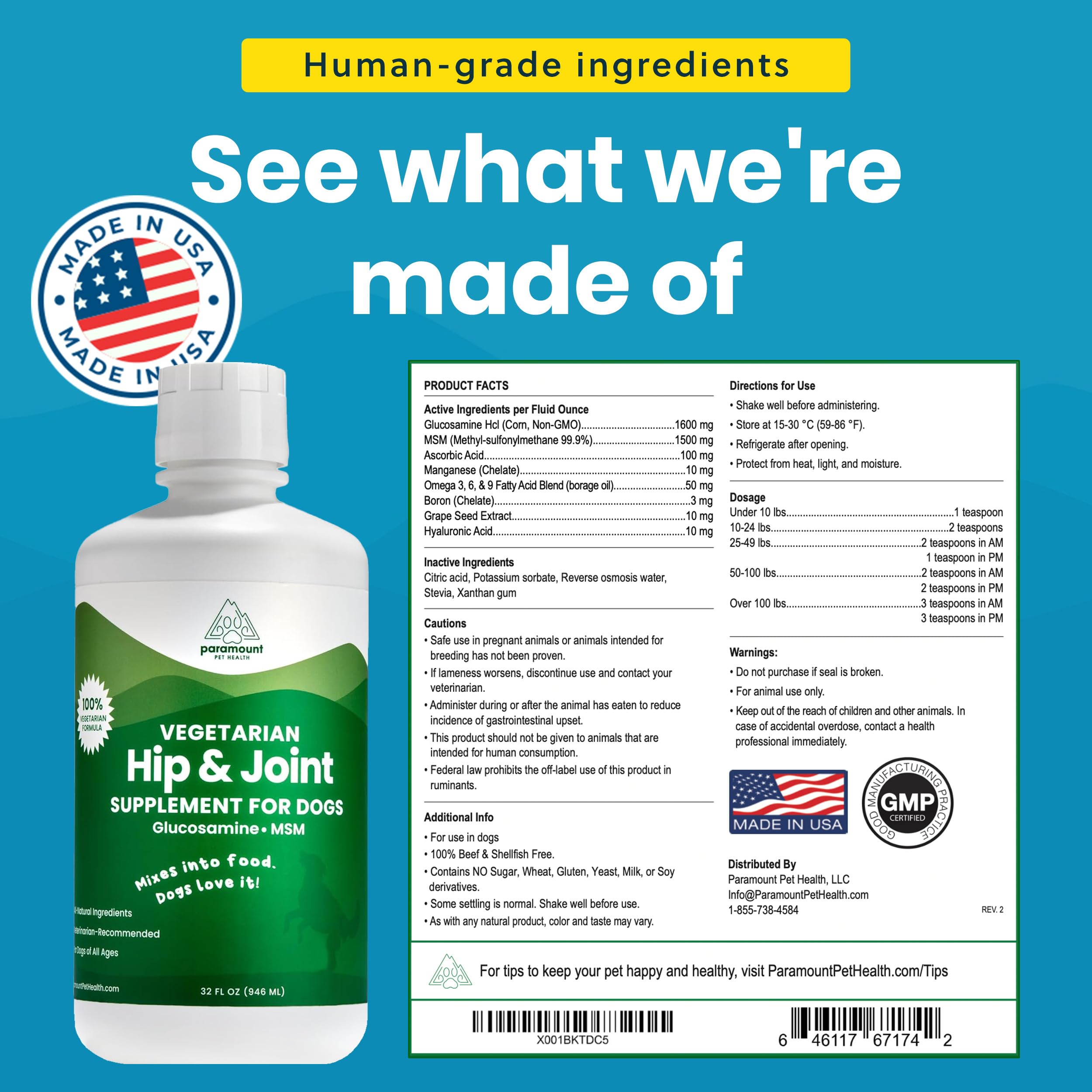Paramount Pet Health glucosamina y condroitina para perros, fórmula vegetal.