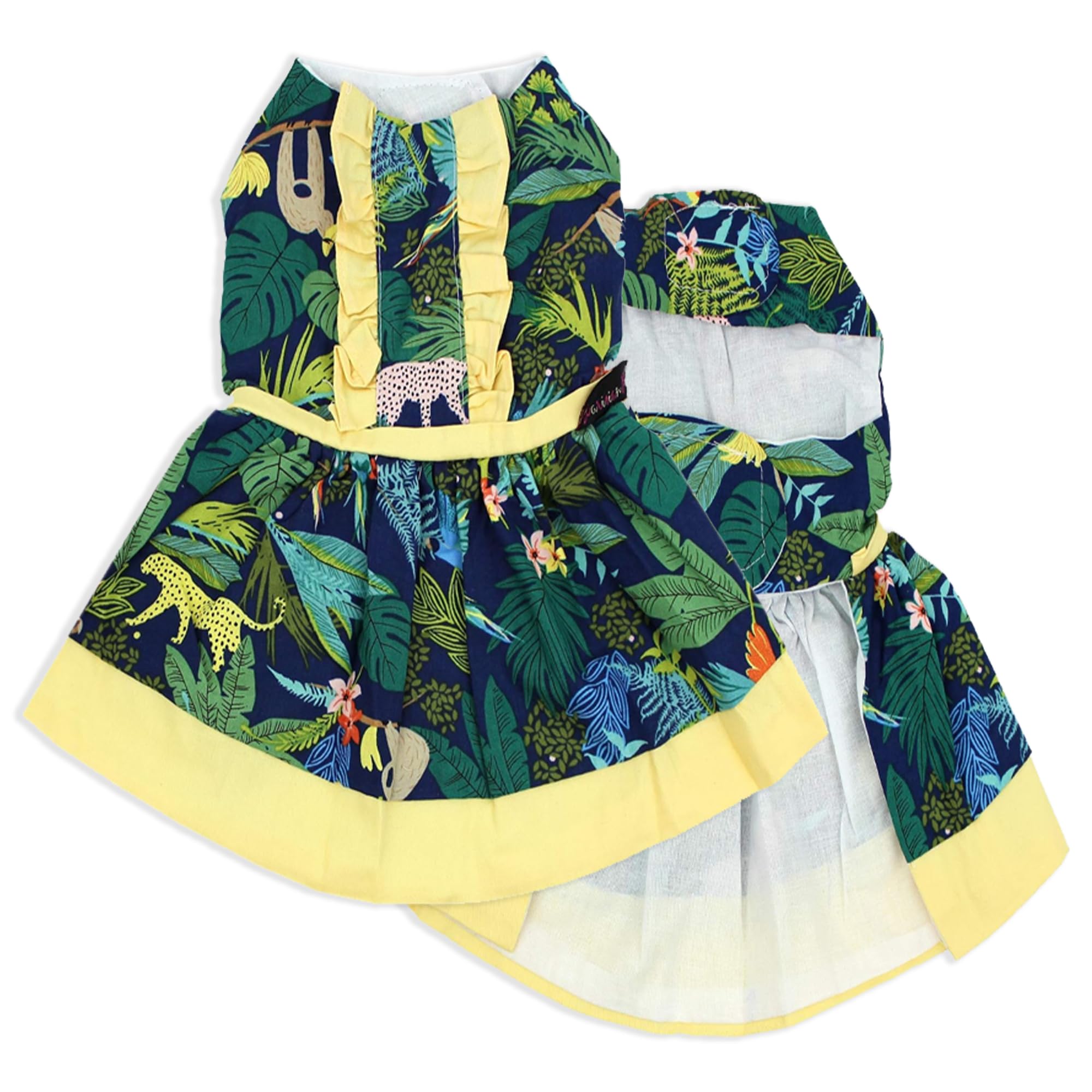 Vestido Parisian Pet Amazonia con estampado floral tropical para perro, ideal para días soleados.