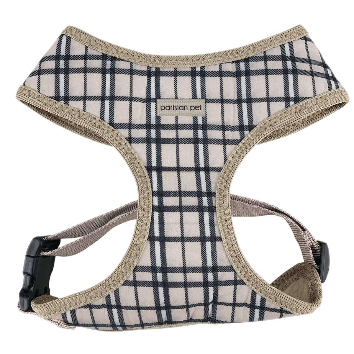 Arnés Parisian Pet para perro con cuadros caqui, cómodo y transpirable para paseos.