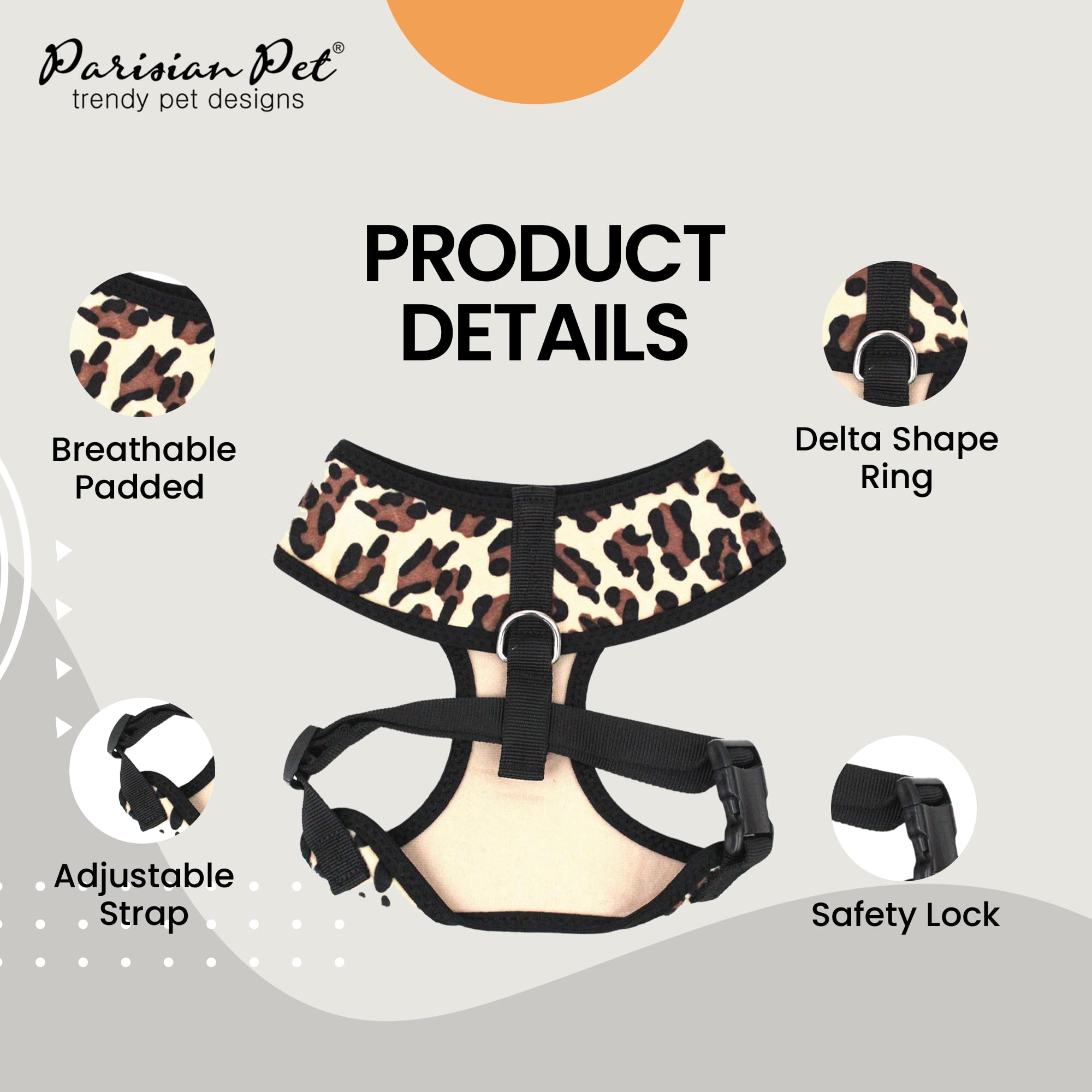 Arnés leopard Parisian Pet con ajuste de pecho para seguridad.