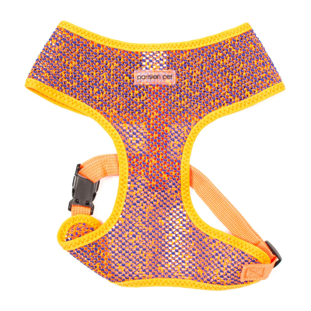 Parisian Pet arnés de malla respirante azul y naranja para paseos cómodos.