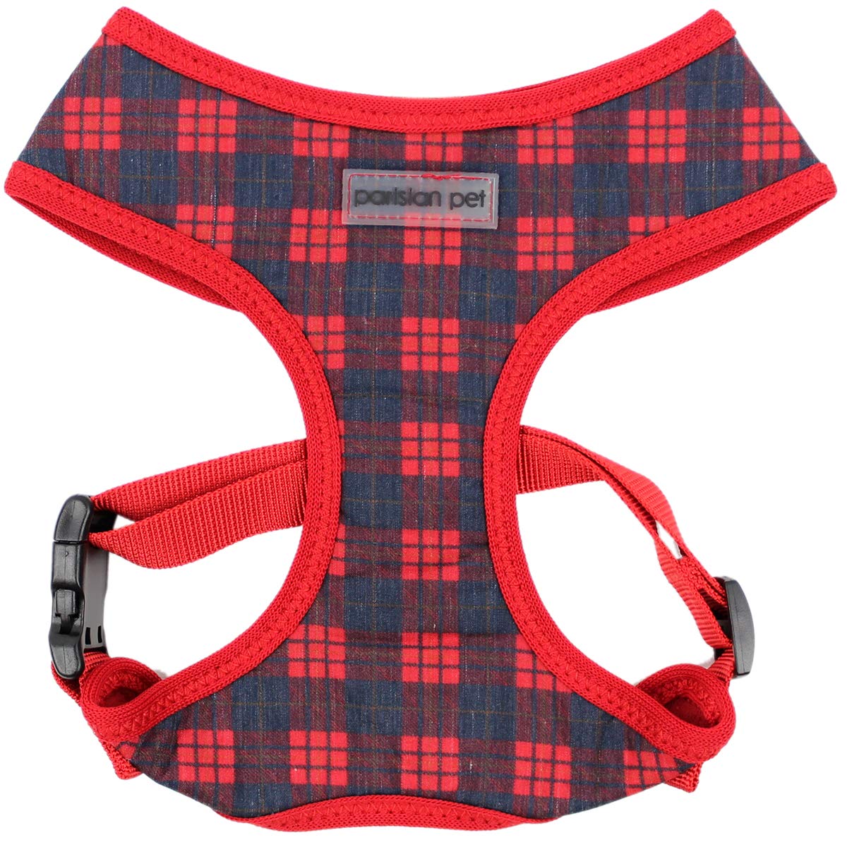 Arnés Parisian Pet rojo a cuadros, vista frontal, ideal para paseos con estilo.