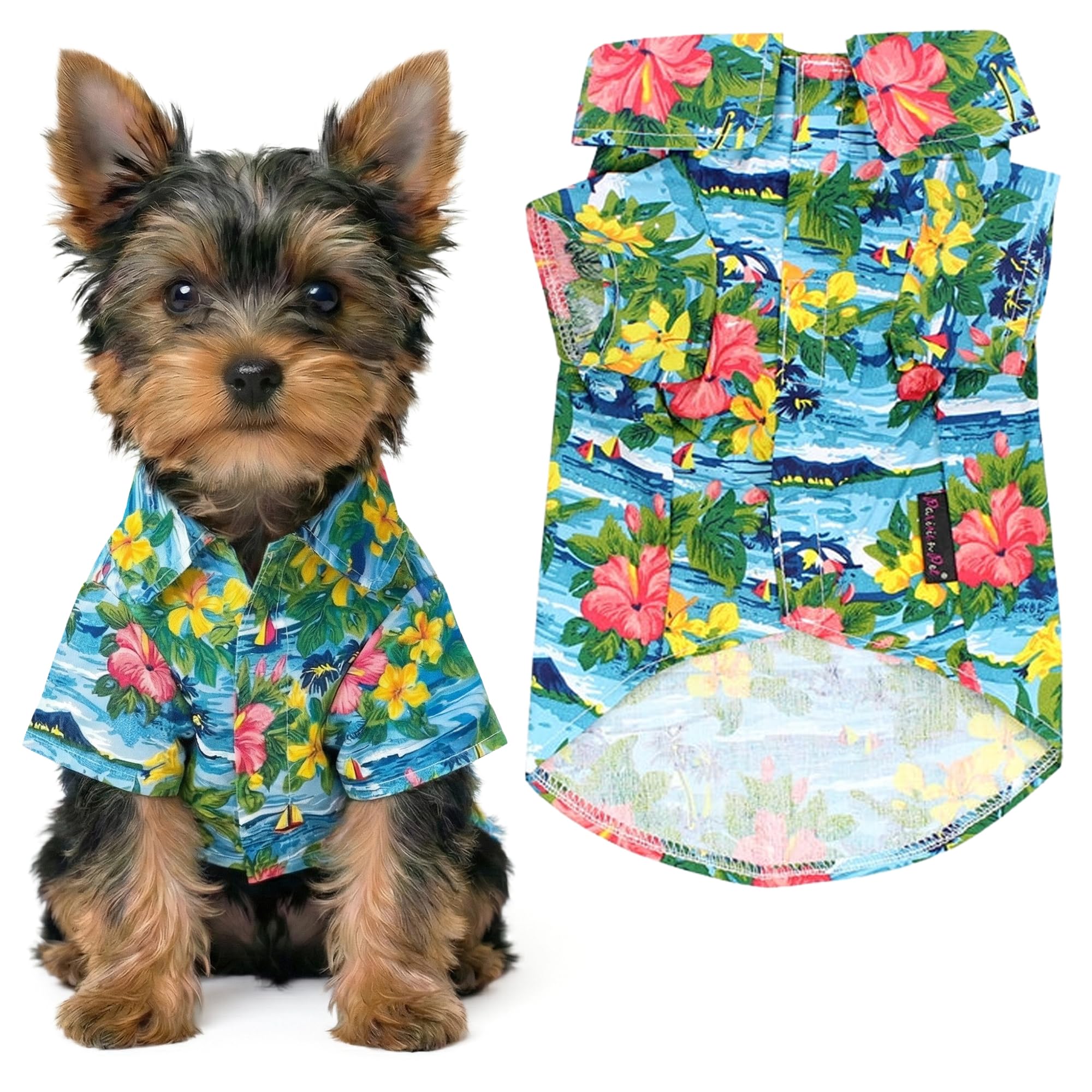 Parisian Pet: camiseta para perro con estampado hawaiano tropical, ideal para paseos veraniegos.