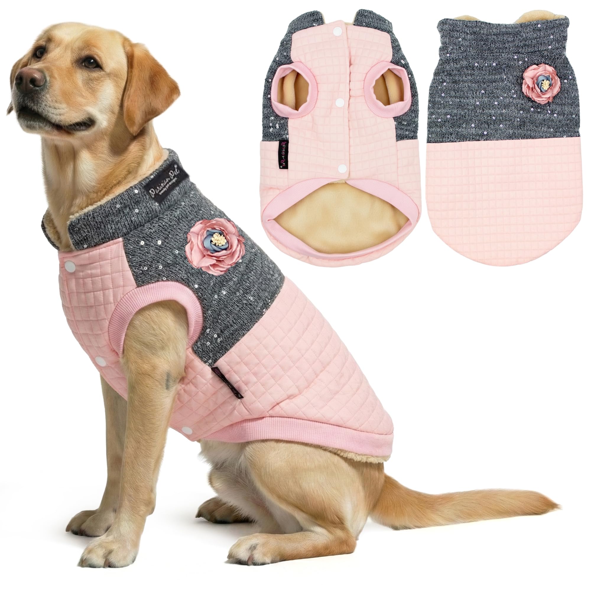 Chaqueta navidad Parisian Pet para perro rosa, vista frontal, mantiene cálido durante paseos invernales