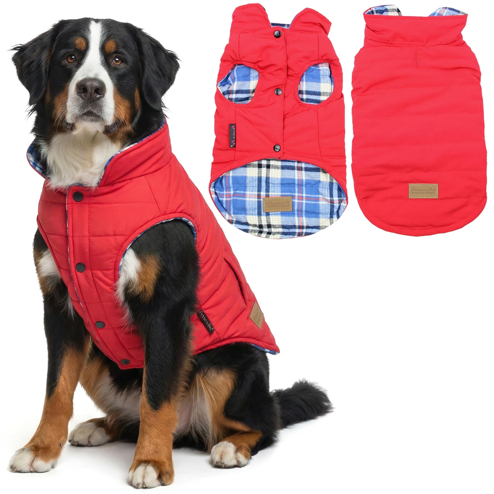 Parisian Pet chaqueta reversible para perro, lado rojo, ideal para paseos con estilo.