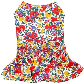 Vestido Parisian Pet para perros con estampado floral arcoíris, ligero y cómodo.