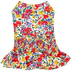 Vestido Parisian Pet para perros con estampado floral arcoíris, ligero y cómodo.