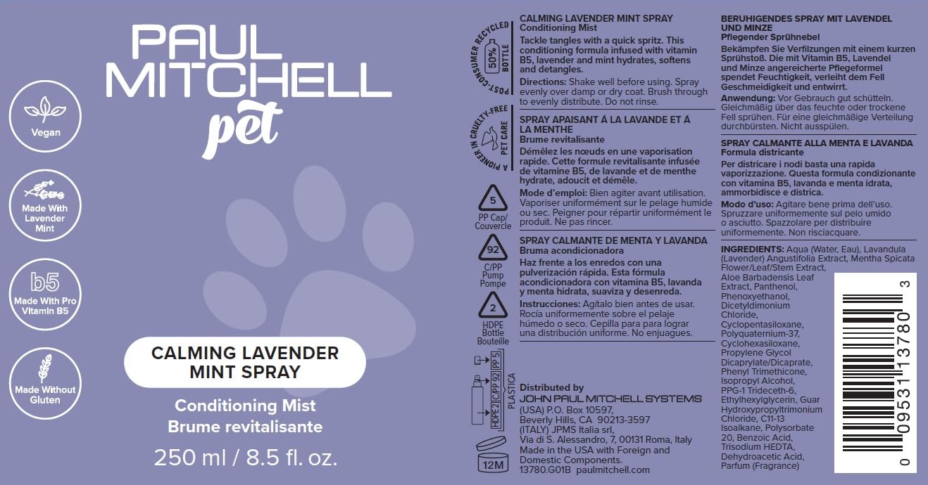 Paul Mitchell Pet Spray Cruelty-free y vegano para mascotas.
