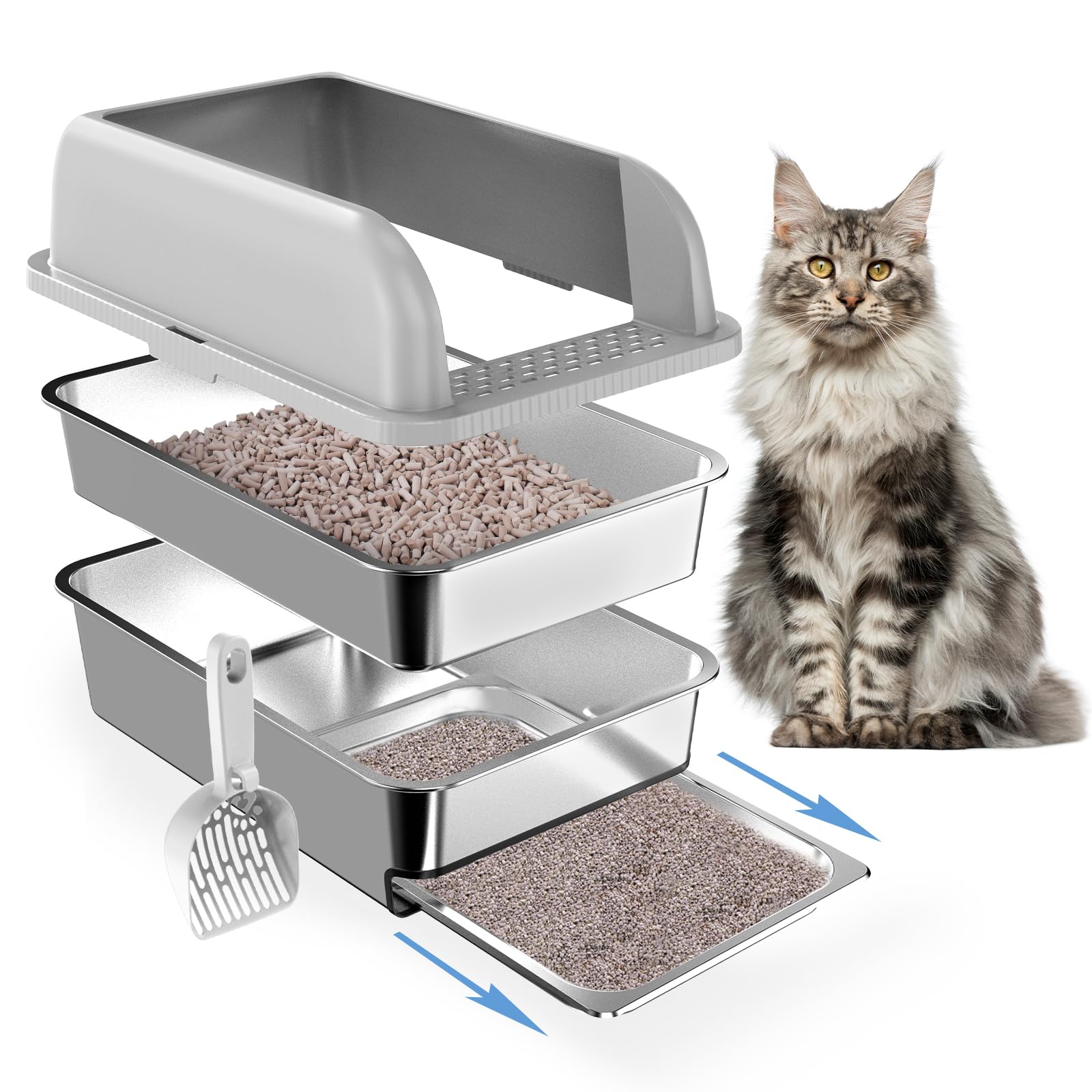 Paw Libero: caja de arena acero inoxidable con tapa alta para mayor contención.