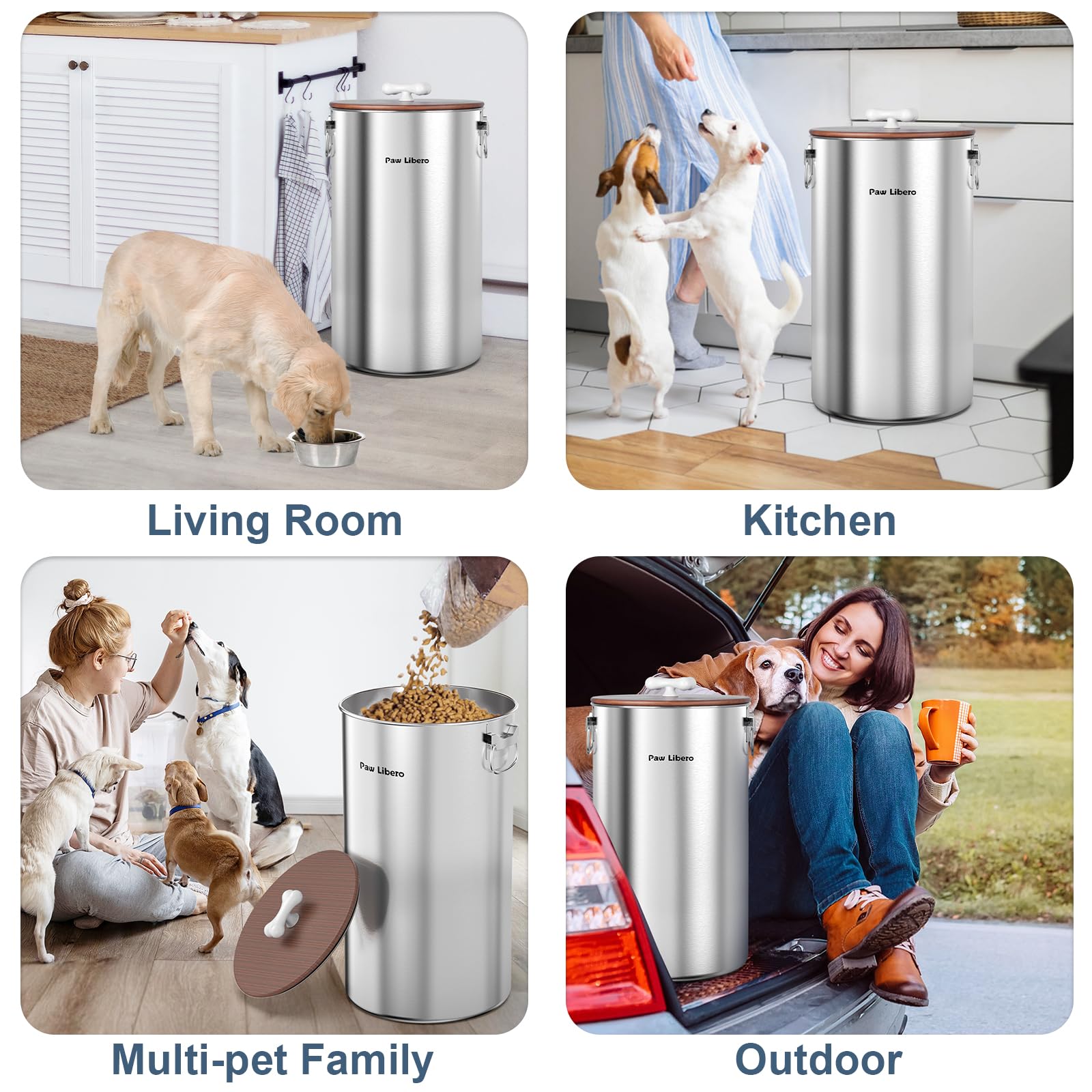 Paw Libero capacidad de 35 libras para alimento seco de perros o gatos.