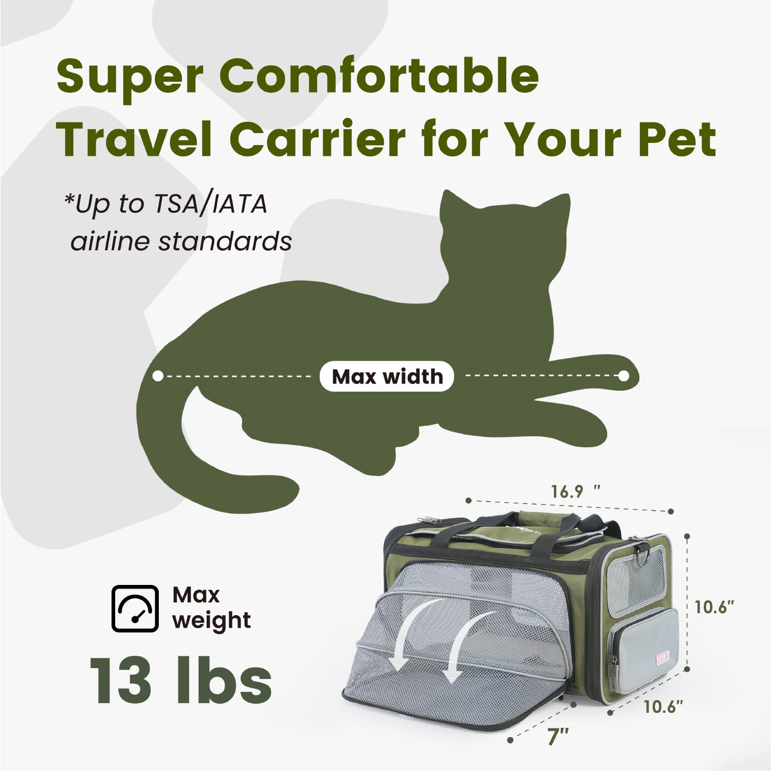 Espacio expandible en un lateral para que el gato estire las patas.