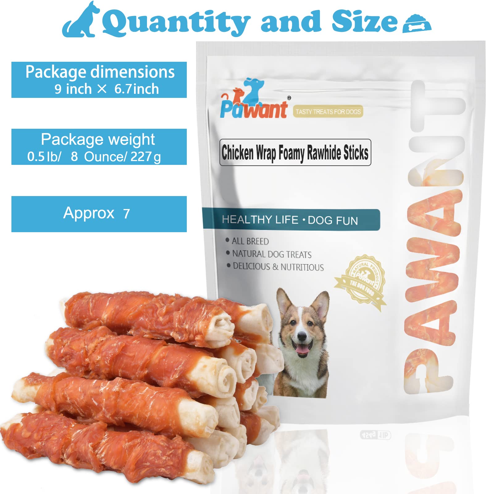 Pawant premio dental natural, rollos de pollo para masticación responsable.
