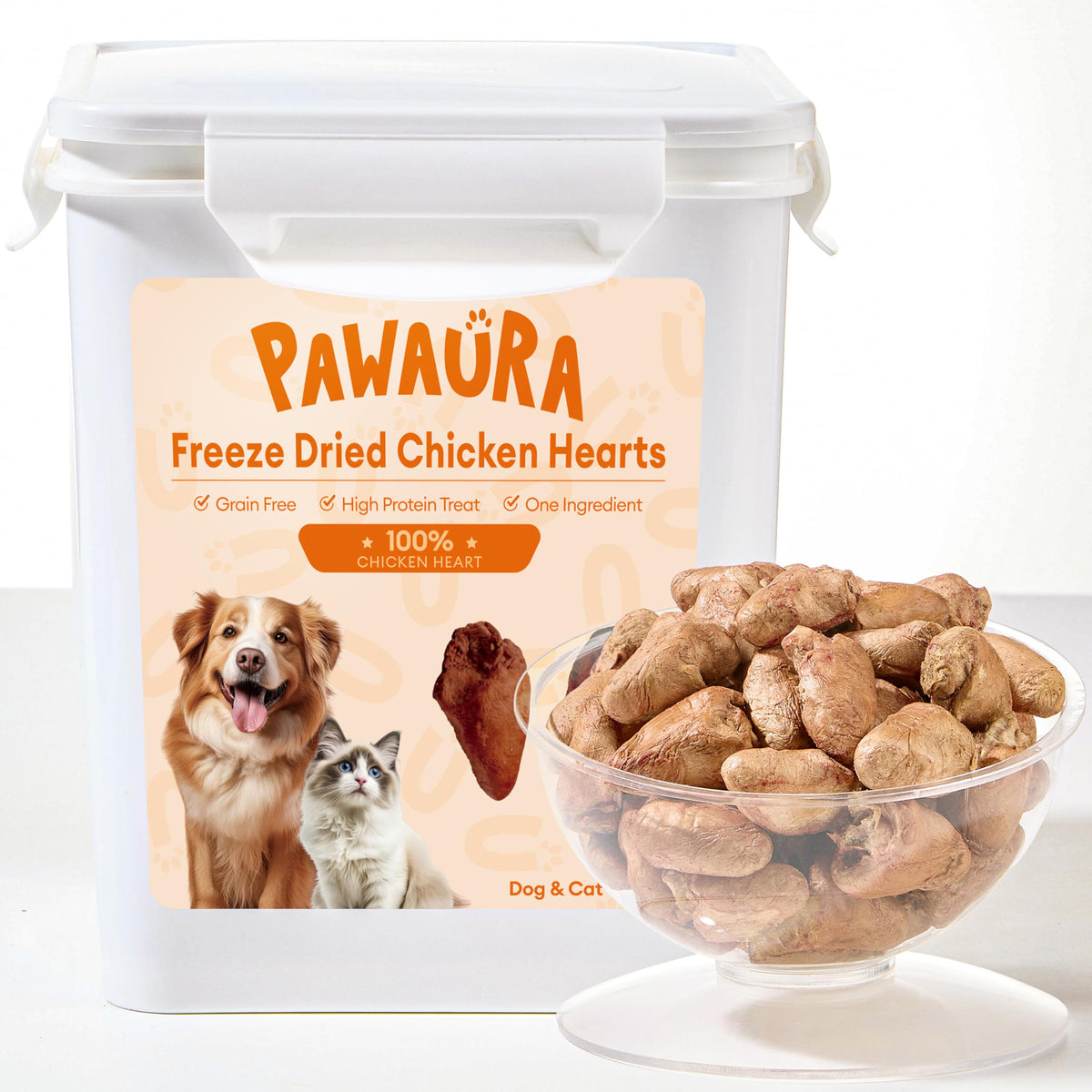 Pawaura corazones de pollo deshidratados, crujientes y proteínicos para premiar a tu mascota.