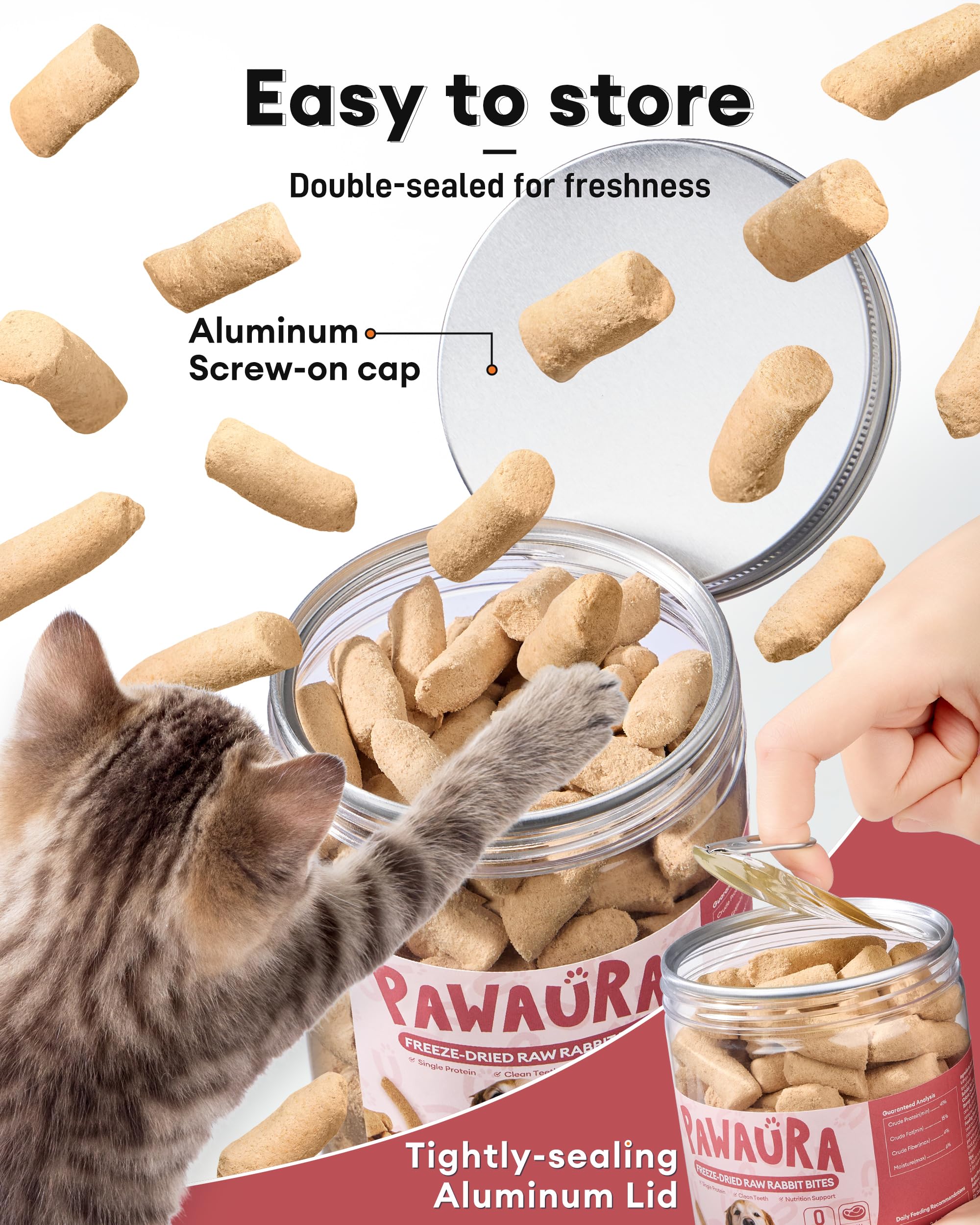 Pawaura recompensa para perros y gatos con sabor natural y alto contenido proteico.