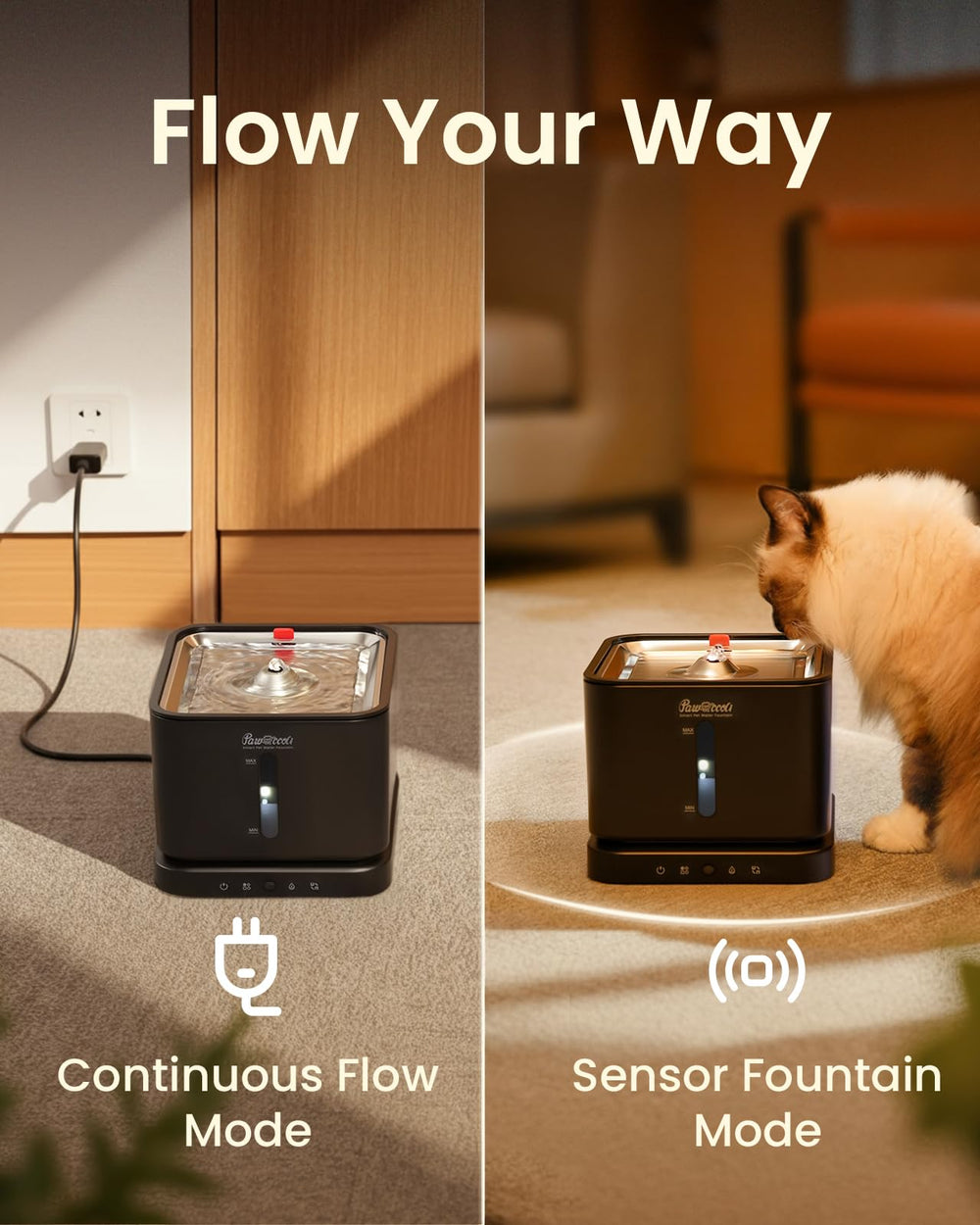 Pawccoli bebedero gato cordless, modo sensor detecta al gato en amplio rango.