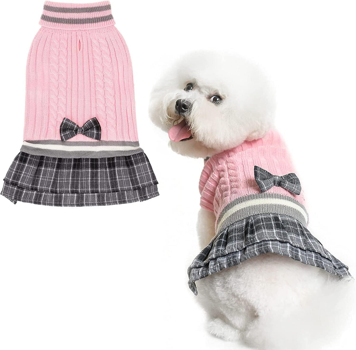 PAWCHIE suéter vestido con lazo rojo para perros pequeños, ideal para paseos
