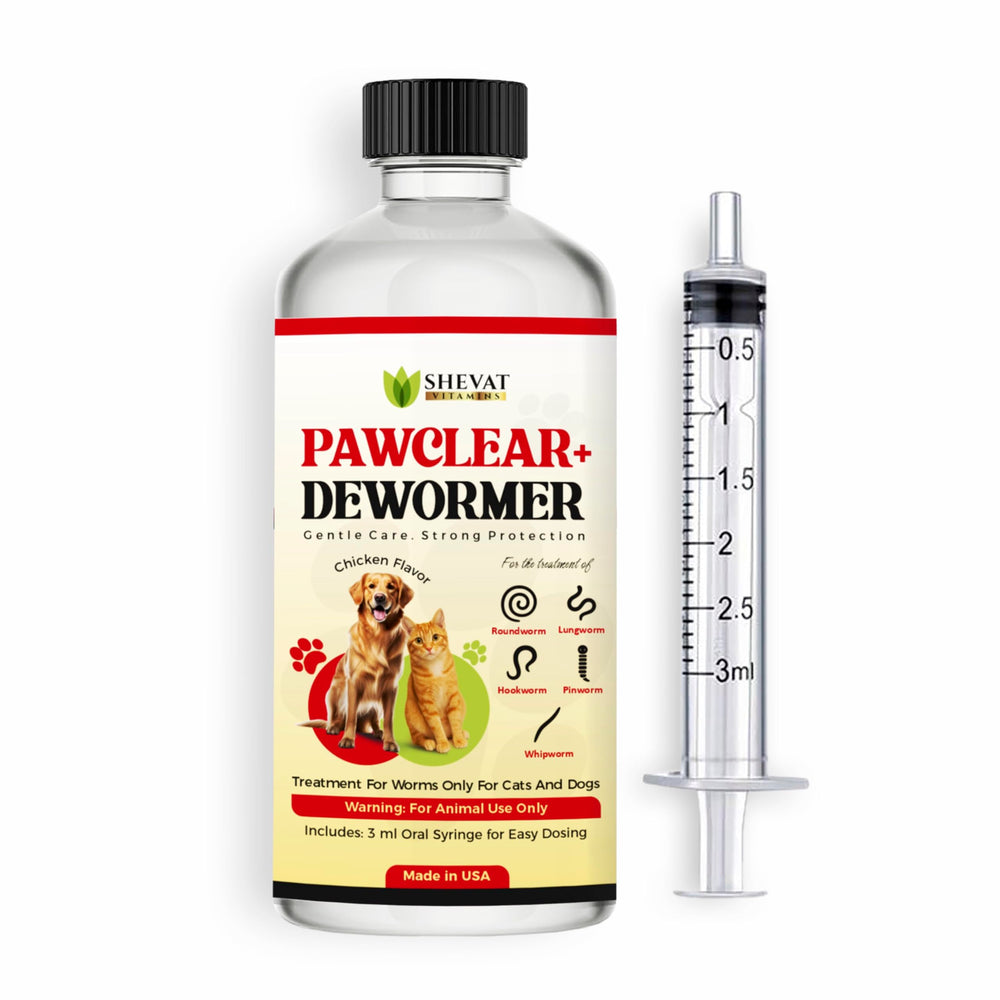 Pawclear desparasitario líquido en frasco de vidrio, dosis fácil para gatos y perros